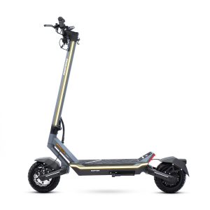 Scooter eléctrico deportivo con detalles en azul y estructura reforzada